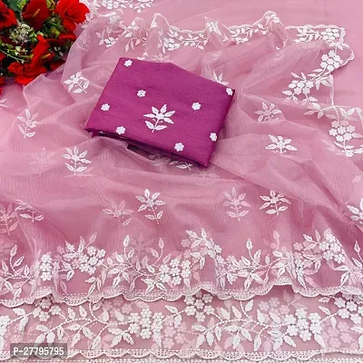 Organza Floral Embroidery Saree with Blouse Piece-thumb0