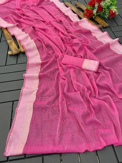Cotton Blend Zari Striped Sarees with Blouse Piece