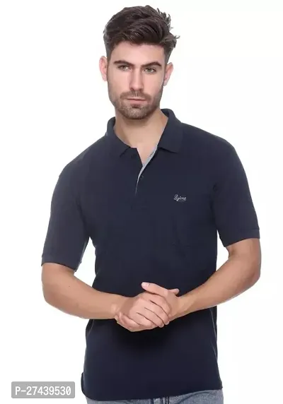 Reliable Navy Blue Polyester Blend Solid Polos For Men