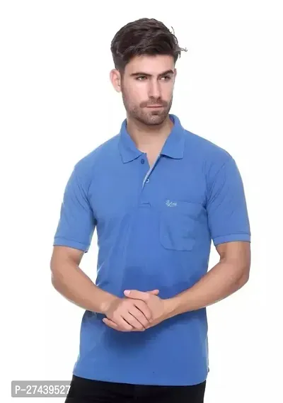 Reliable Blue Polyester Blend Solid Polos For Men