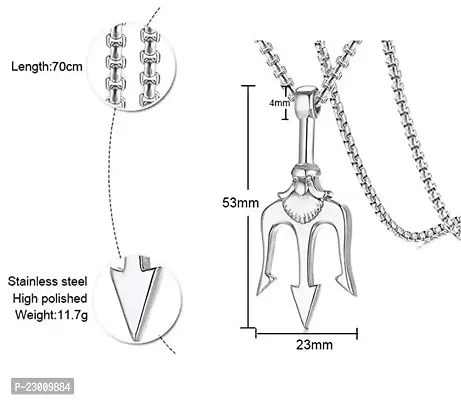 Stylewell Silver Color Fancy  Stylish Unisex Stainless Steel Hindu God Of The Sea Lord Shiva Mahadev Bolenath Mahakaal Poseidon Trishul/Trident Locket Pendant Necklace With Box Chain-thumb2