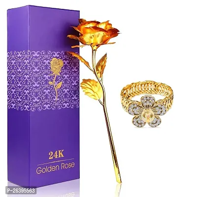 Stylewell Golden Rose Flower with Golden Leaf with Gift Box Valentine Gift with Gold Plated Flower Bracelet for Girlfriend, Boyfriend, Husband and Wife Special Gift Pack-thumb0