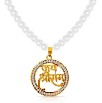 Stylewell Round Shape Metal  Diamond Nug Engraved/Studed Hindu God Lord Jai Shri Ram Pendant Locket Necklace With White Pearl Beads Moti Mala-thumb2