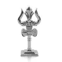 Metal Shiv,mahadev Trishul,trident with Big Damaru Double Side God Stand  Small Size (10 X 3.5 Cm) Silver Pack of 1-thumb3