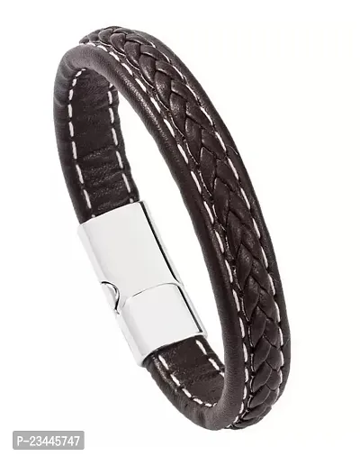 Stylewell Unisex Brown  Silver Casual Style Daily Use Braided Leatherette Rope Cutting Wraps Strap Ponytail Design Sports Stainless Steel Friendship Wrist Gym Band Bangle Bracelet With Buckle Lock-thumb0