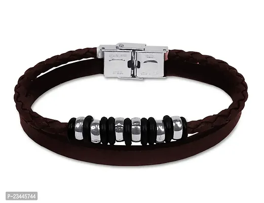 Stylewell Unisex Brown  Silver Color Stainless Steel Stylish Casual Style Daily Use Braided Leatherette Rope Wraps Strap Funky Classic Sports Friendship Wrist Band Bangle Bracelet with Buckle Lock-thumb0