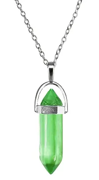 Stylewell Green Glass Healing Crystal Hexagonal Point Prism Pencil Shape Locket Pendant Necklace With Clavicle Chain For Girl's  Women-thumb1