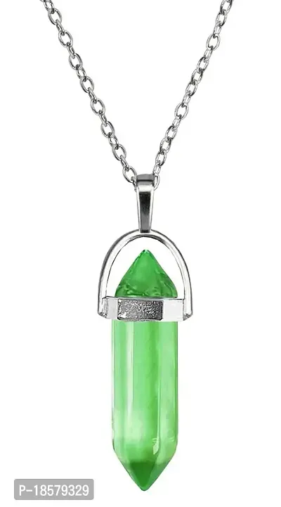 Stylewell Green Glass Healing Crystal Hexagonal Point Prism Pencil Shape Locket Pendant Necklace With Clavicle Chain For Girl's  Women-thumb2