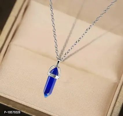 Stylewell Blue Glass Healing Crystal Hexagonal Point Prism Pencil Shape Locket Pendant Necklace With Clavicle Chain For Girl's  Women