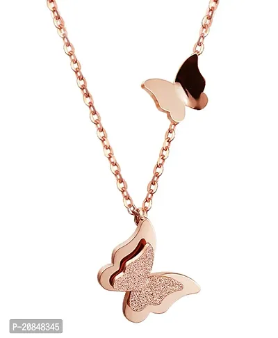 Stylewell Rose Gold Color Valentine's Day Special Stainless Steel I Love You Romantic Beautiful Dual Butter fly Choker Pendant Locket Necklace With Chain For Girl's And Women's-thumb0