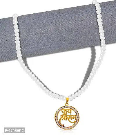 Stylewell Round Shape Metal  Diamond Nug Engraved/Studed Hindu God Lord Jai Shri Ram Pendant Locket Necklace With White Pearl Beads Moti Mala-thumb0