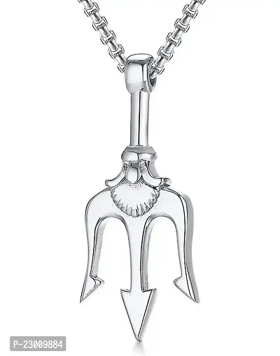 Stylewell Silver Color Fancy  Stylish Unisex Stainless Steel Hindu God Of The Sea Lord Shiva Mahadev Bolenath Mahakaal Poseidon Trishul/Trident Locket Pendant Necklace With Box Chain-thumb0