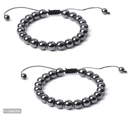 Stylewell (Set Of 2 Pcs) Unisex Grey Plated Trending 8mm Adjustable Round Therapy Natural Feng-Shui Healing Crystal Gem Stone Hematite Moti Beads Friendship Wrist Band Cuff Rope Dori Charming Bracelets