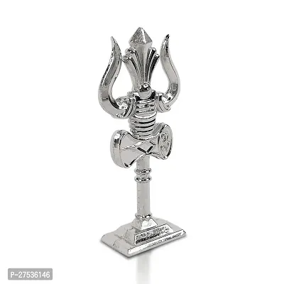 Metal Shiv,mahadev Trishul,trident with Big Damaru Double Side God Stand  Small Size (10 X 3.5 Cm) Silver Pack of 1-thumb3