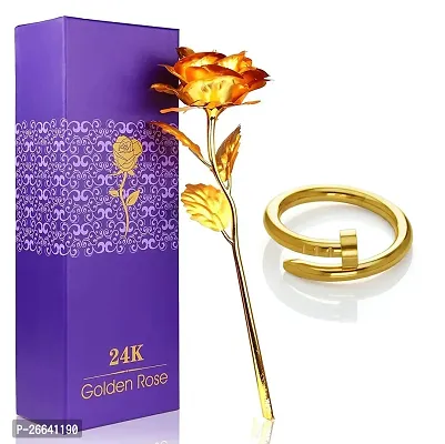 Stylewell KX000296-01 Combo of Artificial Yellow Rose Flower with Golden Nail Design Ring Valentine Gift for Girlfriend, Boyfriend, Husband and Wife Special Gift Pack