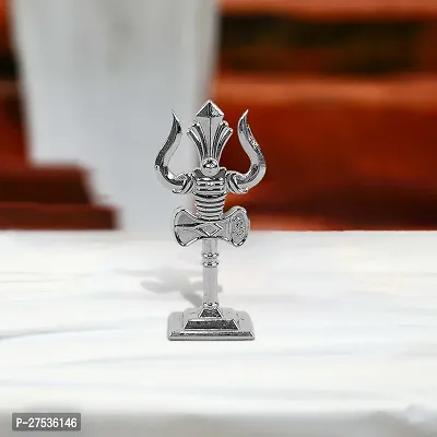 Metal Shiv,mahadev Trishul,trident with Big Damaru Double Side God Stand  Small Size (10 X 3.5 Cm) Silver Pack of 1-thumb0