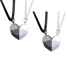Stylewell Black  Silver Valentine's Day Special I Love You Diamond Cut Design Magnetic Distance Broken Heart Shape Love Couple Promise 2 In 1 Duo Locket Pendant With Clavicle Chain  Rope-thumb3