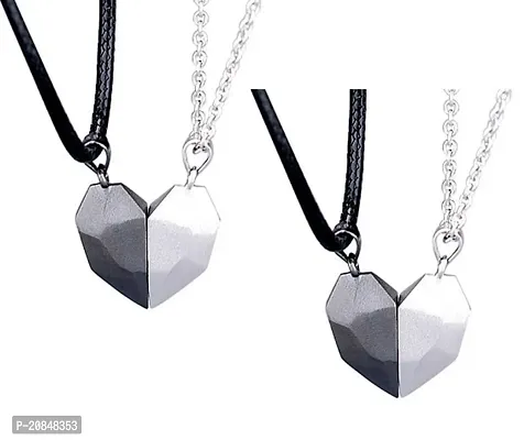 Stylewell Black  Silver Valentine's Day Special I Love You Diamond Cut Design Magnetic Distance Broken Heart Shape Love Couple Promise 2 In 1 Duo Locket Pendant With Clavicle Chain  Rope-thumb4
