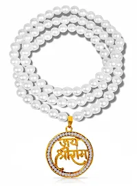 Stylewell Round Shape Metal  Diamond Nug Engraved/Studed Hindu God Lord Jai Shri Ram Pendant Locket Necklace With White Pearl Beads Moti Mala-thumb1