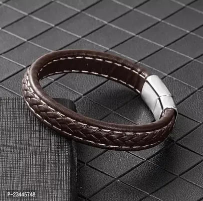 Stylewell Unisex Brown  Silver Stainless Steel Casual Style Daily Use Braided Leatherette Rope Cutting Wraps Strap Ponytail Design Sports Friendship Wrist Gym Band Bangle Bracelet With Buckle Lock-thumb0