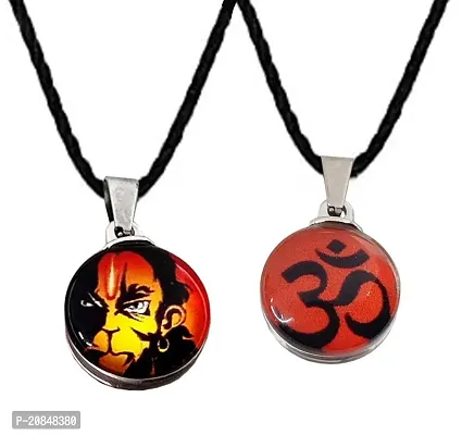 Stylewell (Set Of 2 Pcs) JAR0539-02 Small Dual Side Mahabali Mahavir Flying Lord Shri Bajrangbali Sankat Mochan Ram Bhakt Pavan Putara Om Hanuman Pendant Locket Necklace with Cotton Thread Dori-thumb0