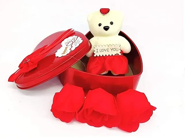 Stylewell KHGV0001-02 Tied Ribbons Valentine Gift for Girlfriend, Boyfriend, Husband and Wife Special Gift Pack with Mini Teddy Bear and Artificial Rose Flowers