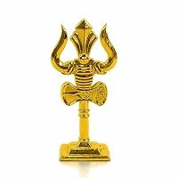 Metal Shiv,mahadev Big Trishul,trident with  Damaru Double Side God Stand  Small Size (10 X 3.5 Cm) Golden Color Pack of 1-thumb1