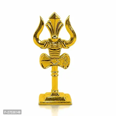 Metal Shiv,mahadev Big Trishul,trident with  Damaru Double Side God Stand  Small Size (10 X 3.5 Cm) Golden Color Pack of 1-thumb2