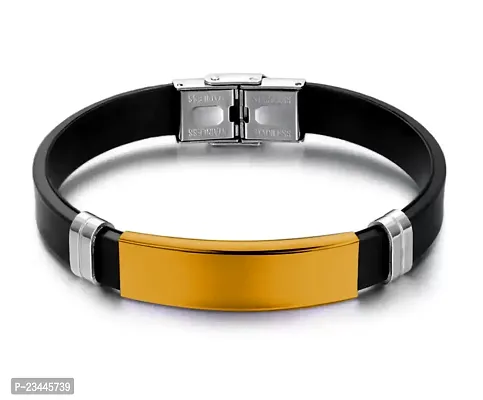 Stylewell Unisex Black  Golden Color Stylish Trending Fashionable Casual Style Daily Use Silicone Strap with Stainless Steel Funky Classic Sports Friendship Wrist Band Bangle Bracelet with Buckle Lock