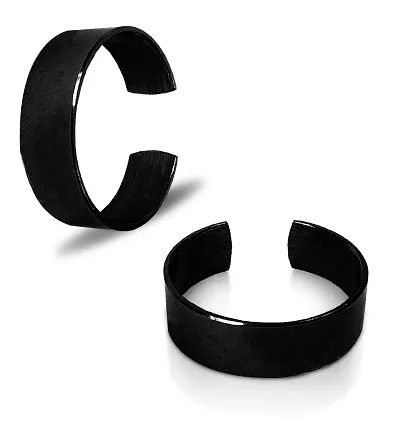 Stylewell (Pack Of 2 Pcs) Black Color Unisex Stainless Steel Stylish Trending Adjustable Open-Cuff Plain Thin Funky Thumb/Toe/Knuckle Finger Band Ring (Free Size)