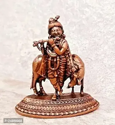 New ,2.4 Inches, Handmade Copper Krishna With Cow Idol , 107 Grams , Patina Antique Finish , Pack Of 1 Piece