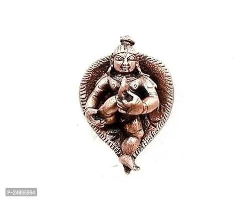 Copper Idols - New ,6 Cm , Copper Handmade Bal Krishna Lying In Banyan Leaf 82 Gram , Patina Antique Finish, Pack Of 1 Piece-thumb0