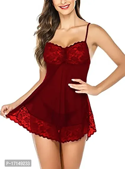 Stylish Maroon Cotton Lycra Lace Baby Dolls For Women-thumb0