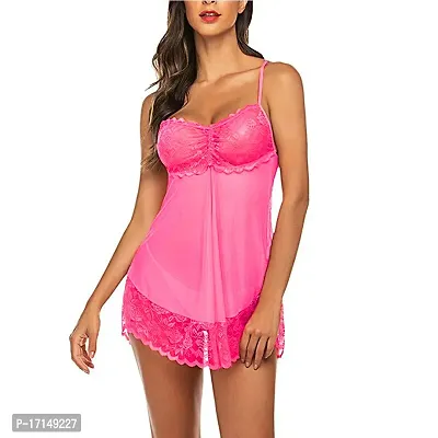 Stylish Pink Cotton Lycra Lace Baby Dolls For Women