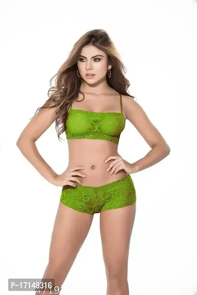 Stylish Green Solid Bra And Panty Set For Women-thumb0