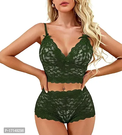 Stylish Green Solid Bra And Panty Set For Women