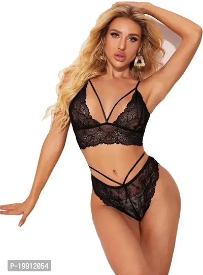 Stylish Black Net Bra And Panty Set For Women-thumb0