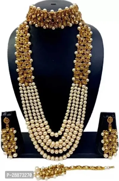 Jewellery Sets Gold Plated Bridal Long Necklace Set Neck Choker with Earrings and Maang Tikka for Women  (Golden)-thumb4