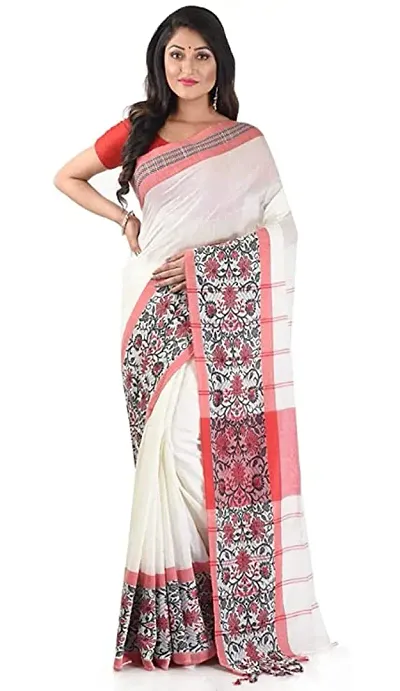 Aishani Collection Woven Soft Silk Dhakai Jamdani Women's Handloom Saree (Beige Red)