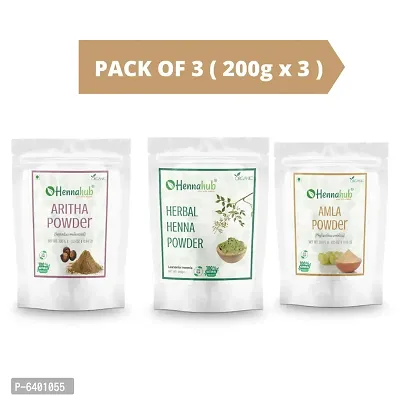 Hennahub Reetha, Herbal Henna And Amla Powder 200gm X 3 Pack | Organic Hair Care Combo Pack | Total 600gm