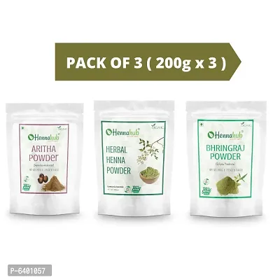 Hennahub Reetha, Herbal Henna And Bhringraj Powder 200gm X 3 Pack | Organic Hair Care Combo Pack | Total 600gm
