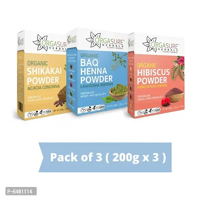 Orgasure Shikakai, Baq Henna And Hibiscus Powder 200gm X 3 Pack | Organic Hair Care Combo Pack | Total 600gm-thumb0