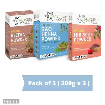 Orgasure Reetha, Baq Henna And Hibiscus Powder 200gm X 3 Pack | Organic Hair Care Combo Pack | Total 600gm