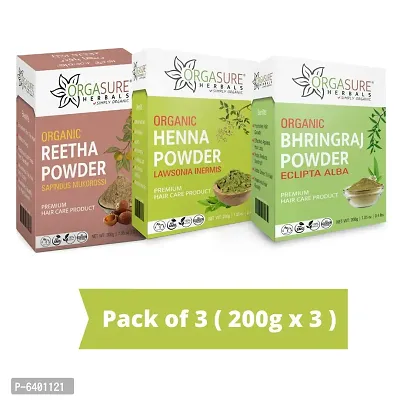 Orgasure Reetha, Henna And Bhringraj Powder 200gm X 3 Pack | Organic Hair Care Combo Pack | Total 600gm