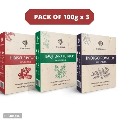 Khadihub Hibiscus, Baq Henna And Indigo Powder 100gm X 3 Pack | Best Hair Care Pack |Natural | Total 300gm-thumb0