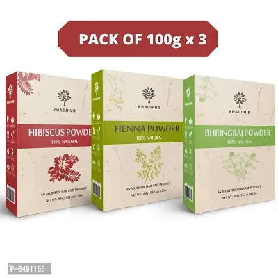 Khadihub Hibiscus, Henna And Bhringraj Powder 100gm X 3 Pack | Best Hair Care Pack |Natural | Total 300gm