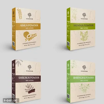 Khadihub Hair Care Combo Pack Of 4, Bhringraj, Shikakai, Amla And Henna Powder, Each 100gm X 4 Pack | Herbal Pack-thumb0