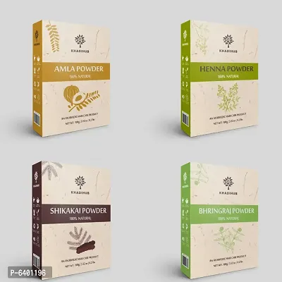 Khadihub Hair Care Combo Pack Of 4, Bhringraj, Shikakai, Amla And Henna Powder, Each 100gm X 4 Pack | Herbal Pack