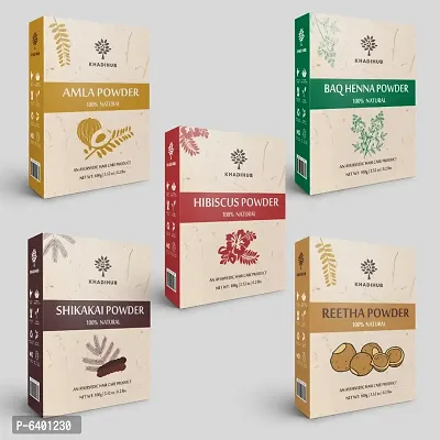 Khadihub Pack Of 5, Hibiscus, Amla, Shikakai, Reetha And Baq Henna Powder, Each 100gm X 5 Pack-thumb0