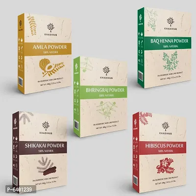 Khadihub Pack Of 5, Bhringraj, Amla, Shikakai, Hibiscus And Baq Henna Powder, Each 100gm X 5 Pack